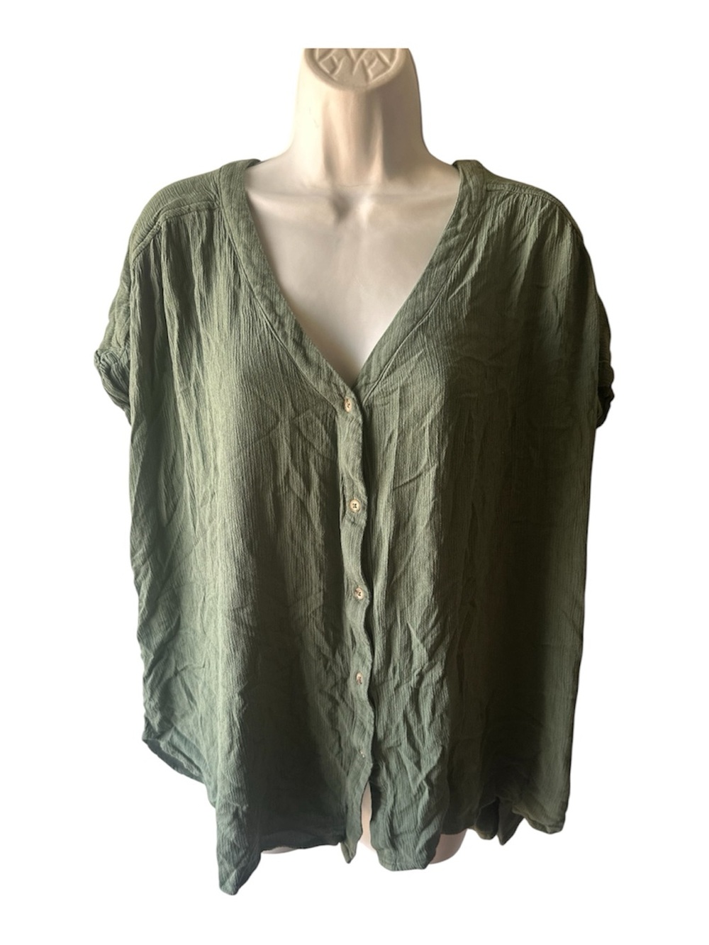 Orvis Olive Green Gauze Button Front V Neck Blouse Textured XXL